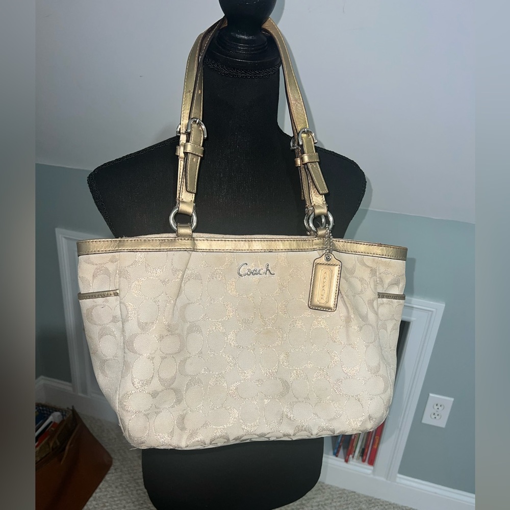Coach Gallery Gold Lurex Signature East West Tote Bag Handbag Shoulder Bag